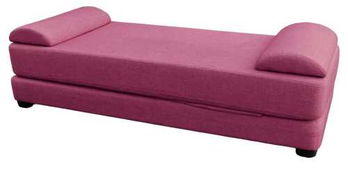 A modern red upholstered daybed, on ebonised feet, 74cm high, 188cm long, 225cm wide.