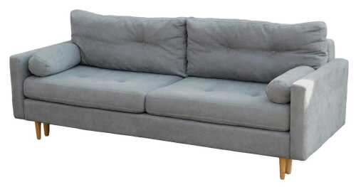 A contemporary grey upholstered three-seater sofa, raised on oak cylindrical tapering legs,...