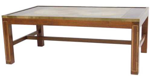 A mahogany and brass coffee table, the rectangular top inset with a reproduction map After...