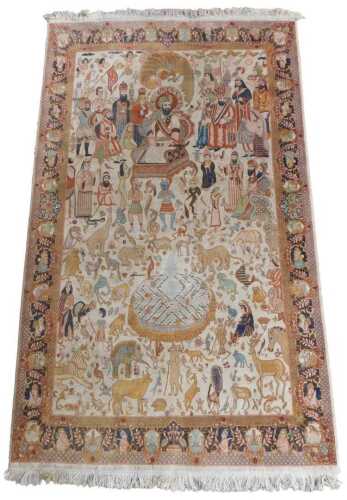 A Persian pictorial rug, decorated with a king or leader, surrounded by various figures, exotic...