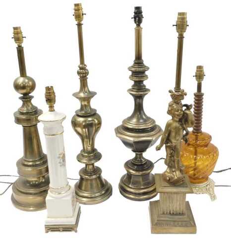 Three similar brass effect Continental table lamps, a ceramic column shaped lamp, a figural lamp,...