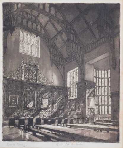 Hanslip Fletcher. Trinity College Cambridge, monochrome etching, signed, 26cm x 31cm.