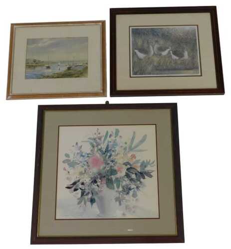 A. Nikolayav. River landscape with boats, possibly Norfolk, 25cm x 34cm, artist signed print of...