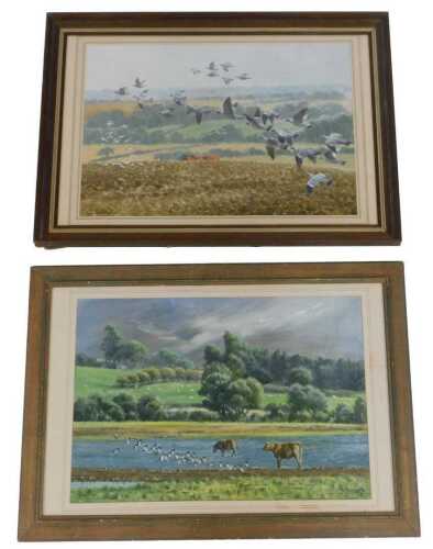 Ingrid Weiersbye (b1945). River landscape with cattle and birds, watercolour, 44cm x 65cm, and...