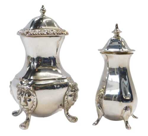 A George VI silver pepper pot, of faceted tapering form, raised on hoof feet, Birmingham 1948, 1....
