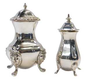A George VI silver pepper pot, of faceted tapering form, raised on hoof feet, Birmingham 1948, 1....