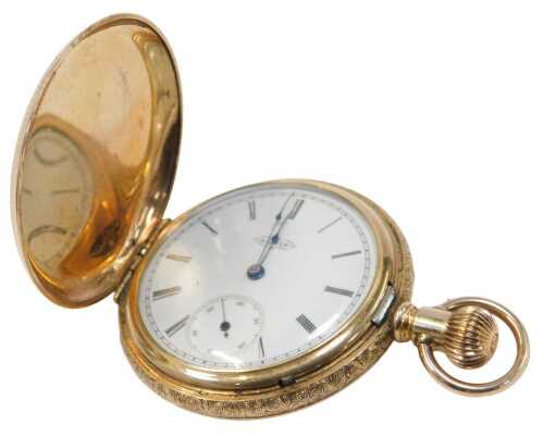 An Elgin hunter pocket watch, with a heavily engraved case of sunburst decoration with central...