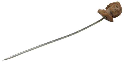 A 19thC Italian carved lava stick pin, depicting a male head in hat, inscribed Masaniel, on...