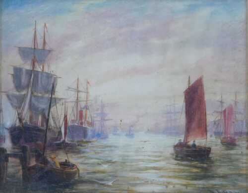 Bernard Benedict Hemy (1855-1913). Sailing boats and vessels in harbour, oil on board, 23cm x...
