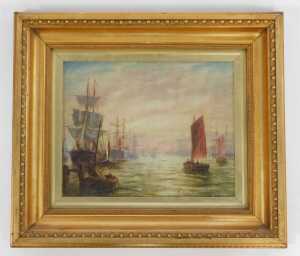 Bernard Benedict Hemy (1855-1913). Sailing boats and vessels in harbour, oil on board, 23cm x... - 2