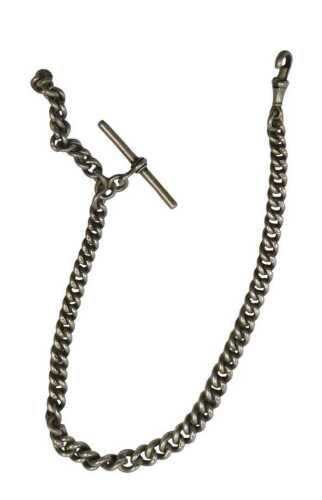 A late 19th/early 20thC silver pocket watch chain, with T bar, 1.44oz, 33.5cm long overall.