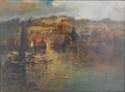 Alfred George Morgan (1848-1930). Whitby Harbour, oil on canvas, signed, 50cm x 67cm.