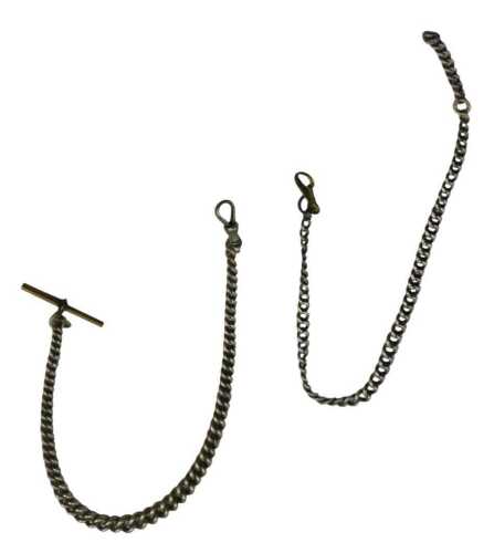 Two silver curb Albert watch chains, comprising a smaller and larger example, with plated T bar...