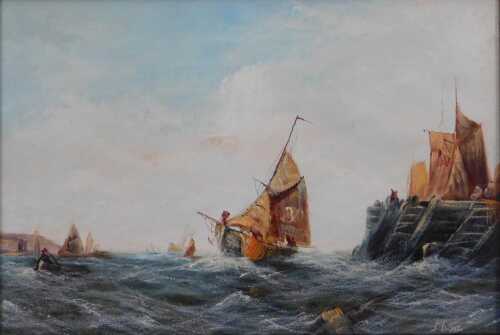 Musin. Masted ships off the coast in choppy seas, oil on canvas, signed, 32cm x 47cm.