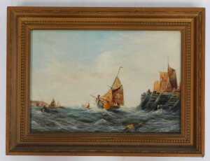 Musin. Masted ships off the coast in choppy seas, oil on canvas, signed, 32cm x 47cm. - 2