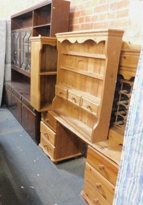 Pine furniture, comprising a pine single drawer wine rack, with wine rack below, a spice rack,...