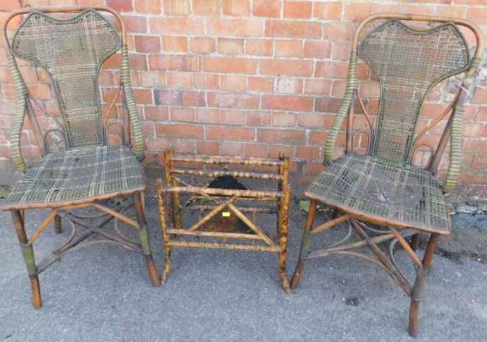 A pair of Victorian bamboo and rattan conservatory chairs, together with a bamboo and Japanned...