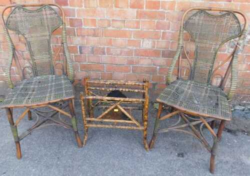 A pair of Victorian bamboo and rattan conservatory chairs, together with a bamboo and Japanned...