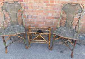 A pair of Victorian bamboo and rattan conservatory chairs, together with a bamboo and Japanned...