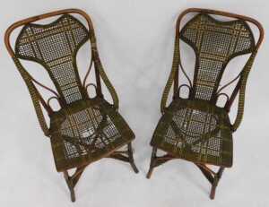 A pair of Victorian bamboo and rattan conservatory chairs, together with a bamboo and Japanned... - 3