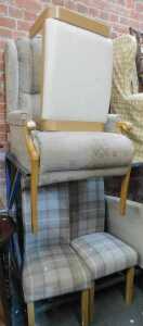 Furniture, comprising an ETS armchair, upholstered in beige patterned fabric, a stool with a...