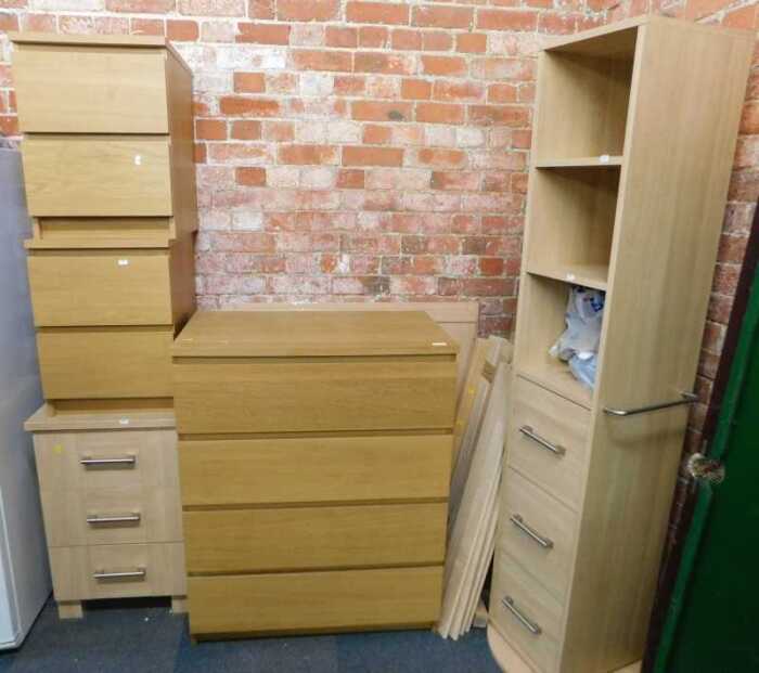 Furniture, to include two light oak-finish two-drawer bedside chests, a three-drawer bedside...