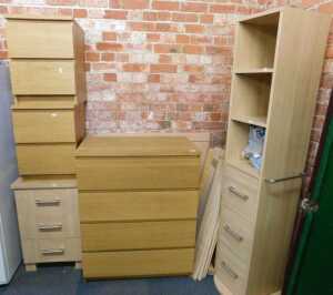 Furniture, to include two light oak-finish two-drawer bedside chests, a three-drawer bedside...
