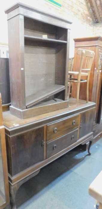 Furniture, comprising an early 20thC mahogany sideboard, with gallery back over two long drawers...