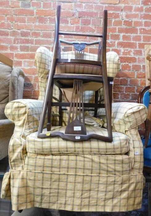A group of chairs, comprising two dining chairs with pierced splats, a further kitchen chair...