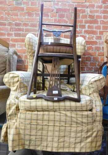 A group of chairs, comprising two dining chairs with pierced splats, a further kitchen chair...