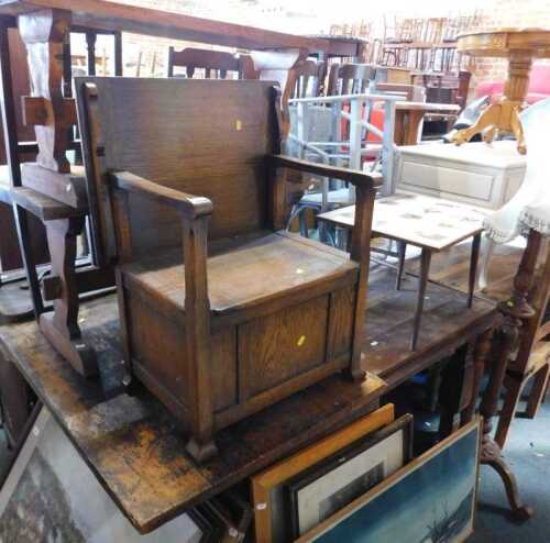 Furniture, to include a kitchen dining table, raised on square supports, a small monk's bench,...