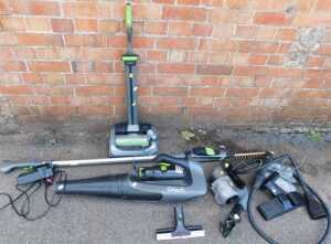 Electrical items, to include a G-Tech Air Ram, hedge trimmer, leaf blower, etc., and a charger.