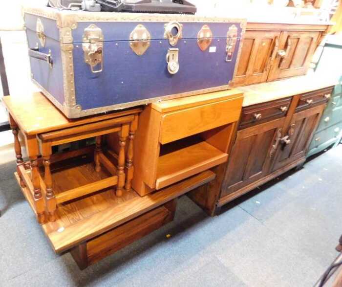 Furniture, to include a blue finished and metal bound travelling trunk, occasional furniture,...