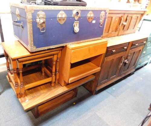 Furniture, to include a blue finished and metal bound travelling trunk, occasional furniture,...