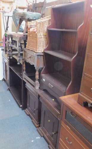 Furniture, comprising a waterfall bookcase, with drawer to base, an open bookcase, a camel seat,...