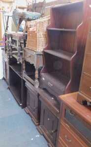 Furniture, comprising a waterfall bookcase, with drawer to base, an open bookcase, a camel seat,...