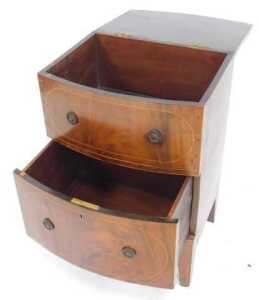 A Georgian Revival mahogany commode, with boxwood line inlay, the fabric cupboard lid opening to... - 2