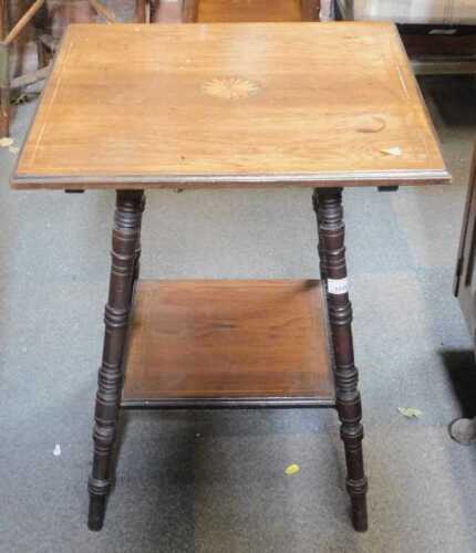A late Victorian rosewood occasional table, the square top with sunburst paterae inlay, raised...