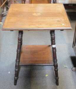A late Victorian rosewood occasional table, the square top with sunburst paterae inlay, raised...