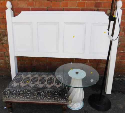 Furniture, comprising a ceramic occasional table base with glass top, a modern standard lamp, an...