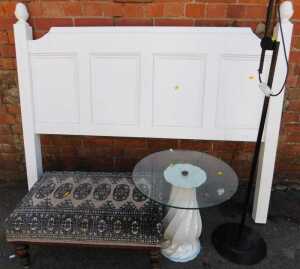 Furniture, comprising a ceramic occasional table base with glass top, a modern standard lamp, an...