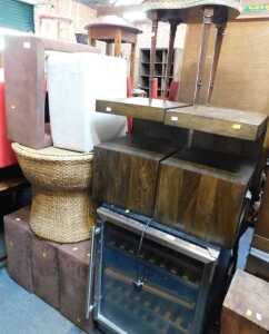 Furniture, to include four square stools, finished in brown upholstery, a small grey cube stool,...