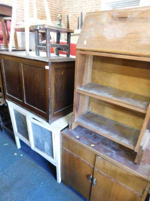Furniture, comprising a white and red painted stool, an oak stool, rectangular topped, a lift...