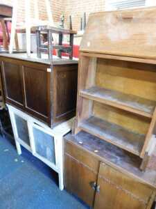 Furniture, comprising a white and red painted stool, an oak stool, rectangular topped, a lift...