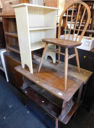 Furniture, comprising a kitchen chair, raised on turned supports, a cream painted open shelf...