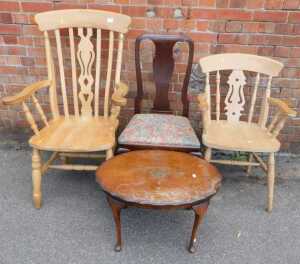 Furniture, to include a lightwood finished open armchair, with pierced splat, raised on turned...