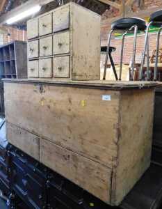 Furniture, comprising a painted pine nine drawer chest, and a pine mule chest, with lift lid...