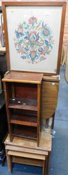 Furniture, to include a fire screen with embroidered decorated panel, a small four tier unit or...