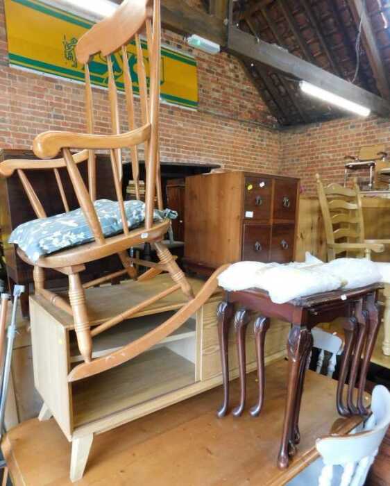 Furniture, comprising a rocking chair, a nest of three tables, a television unit, and a small...
