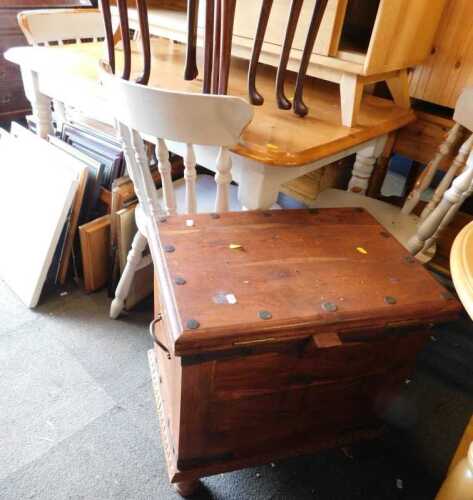 A pine painted kitchen table with three chairs, painted blue, and an Indian hardwood chest with...